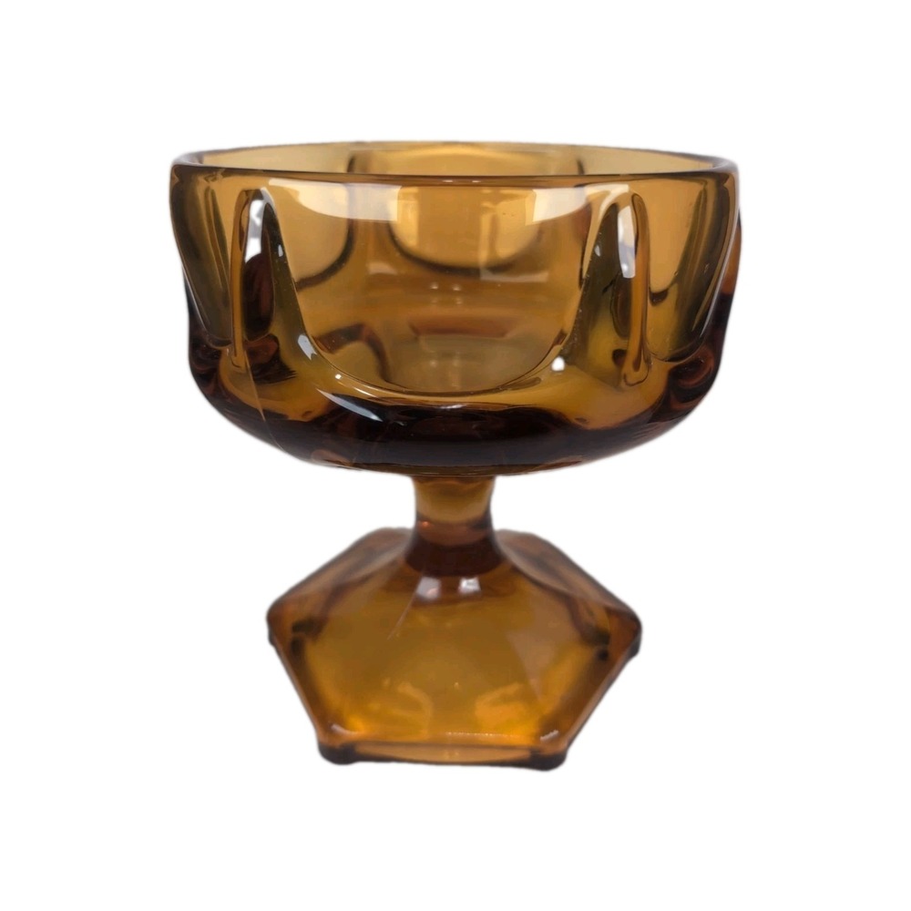 Vintage Amber Kings Crown Pedestal Compote Candy Dish 6" X 6.5" Thick Glass